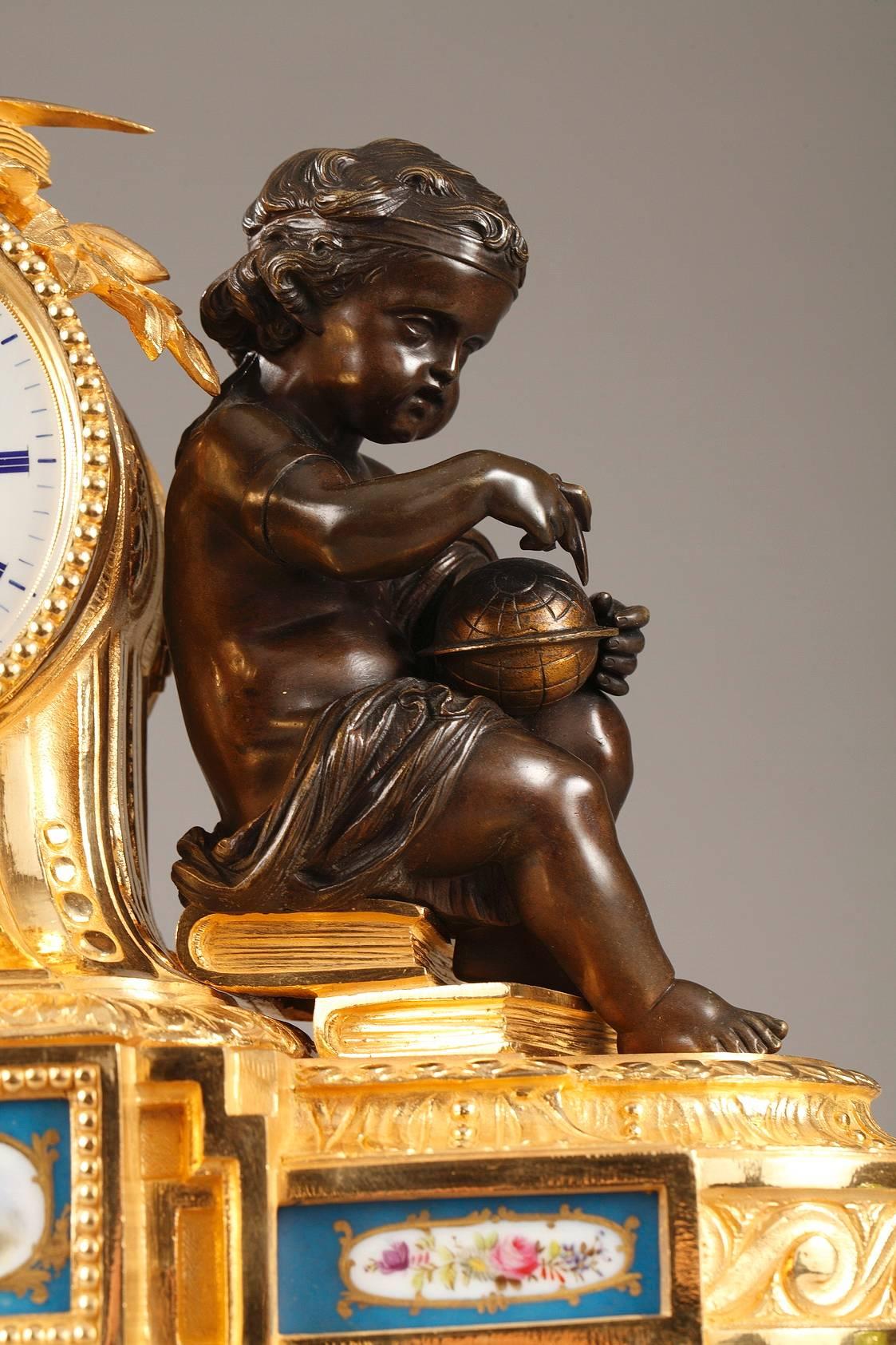 Mid-19th Century Napoleon III Bronze and Porcelain Mantel Clock in Louis XVI Style, 19th Century