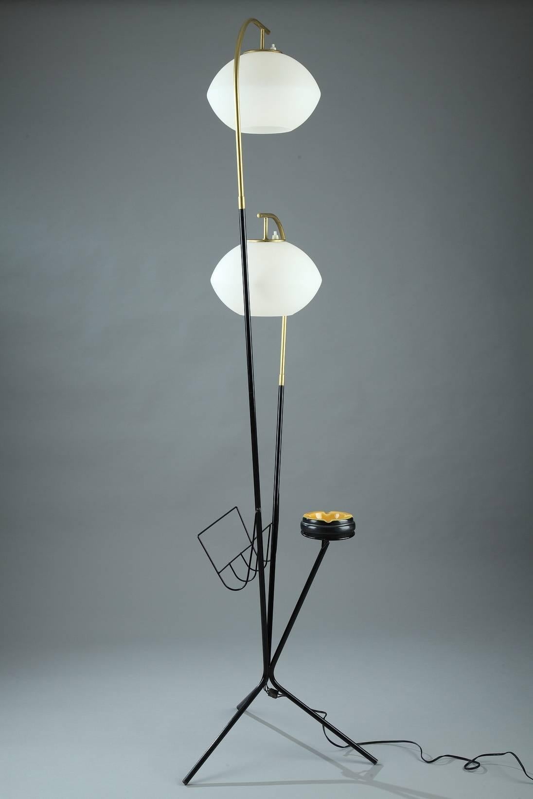French Double Floor-Lamp with Two Opaline Glasses Lampshades, 1950s