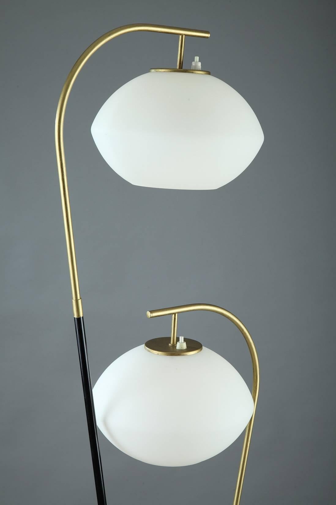 Double Floor-Lamp with Two Opaline Glasses Lampshades, 1950s In Good Condition In Paris, FR