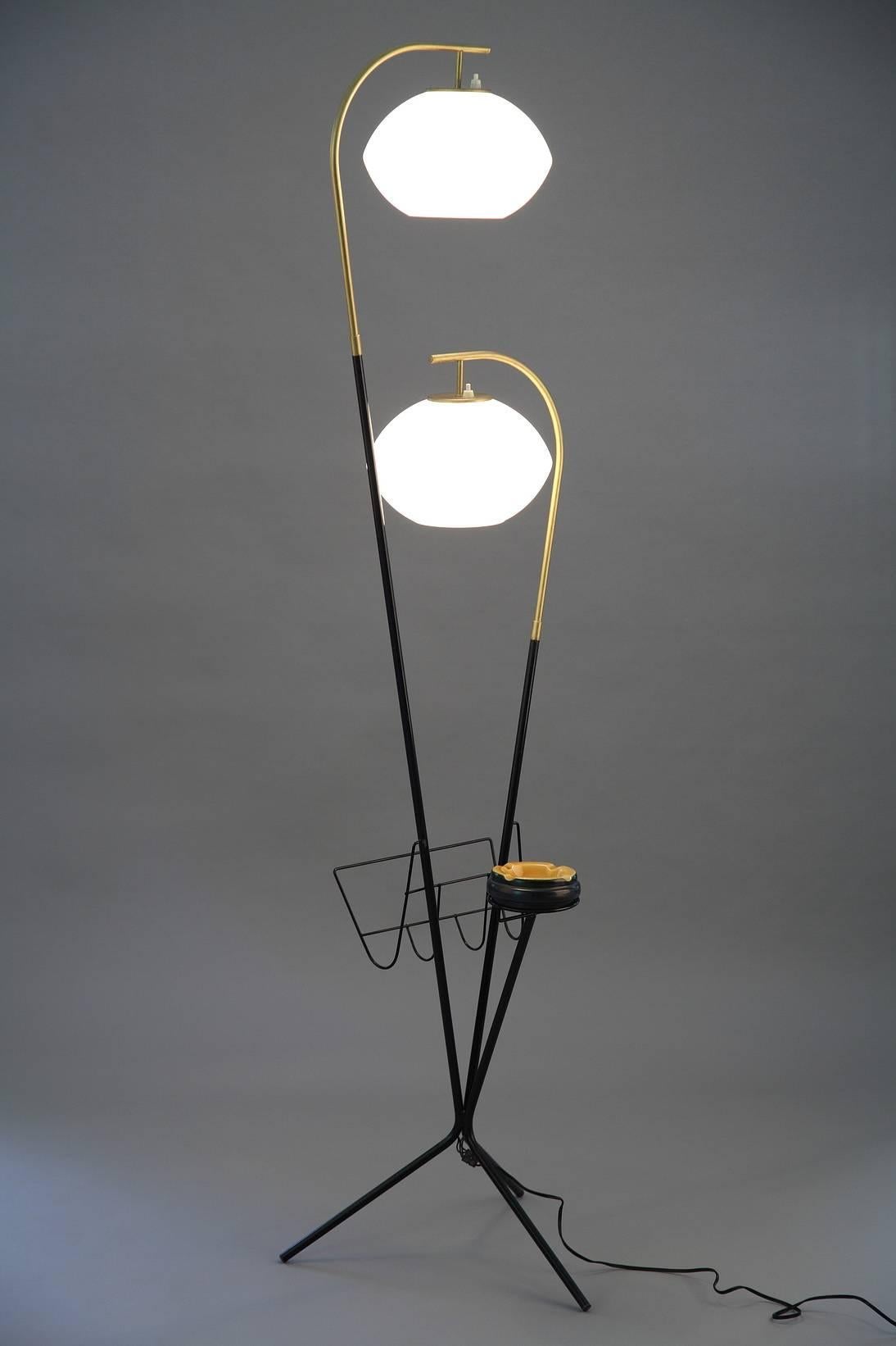 Metal Double Floor-Lamp with Two Opaline Glasses Lampshades, 1950s