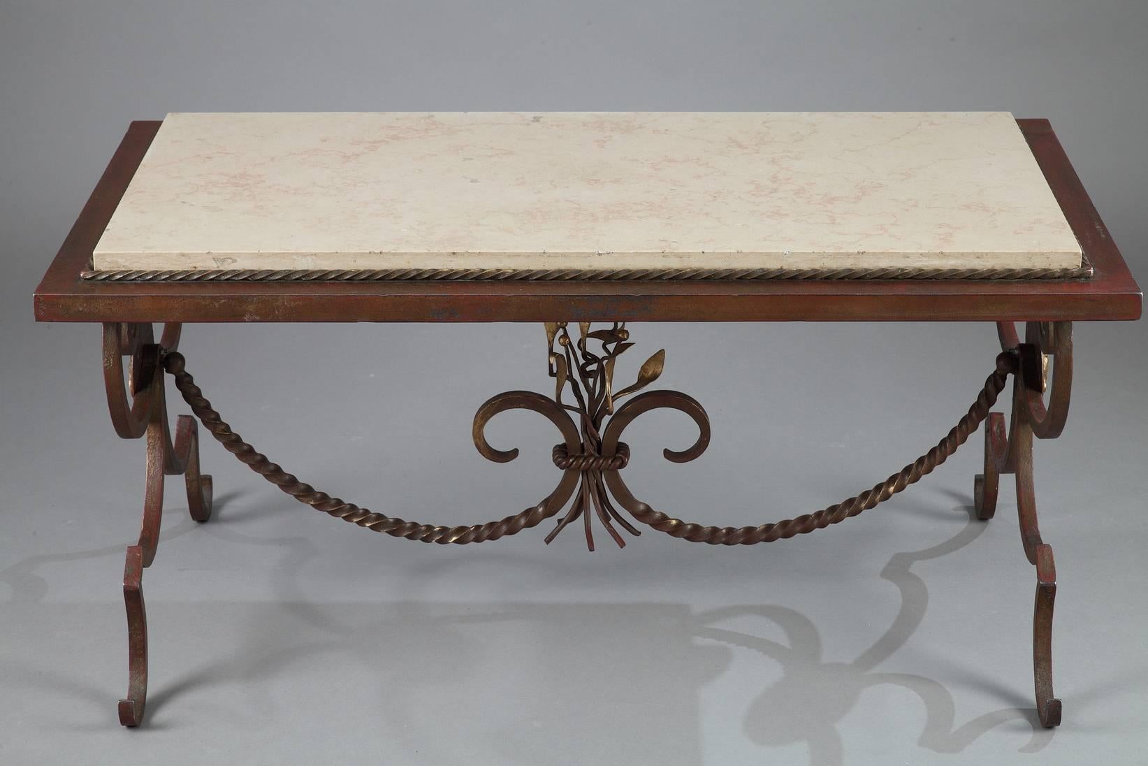 20th Century Wrought Iron and Marble Coffee Table in the Style of Gilbert Poillerat
