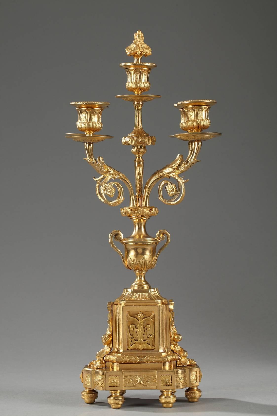 Gilt Clock and Pair of Candelabras in Louis XVI Style