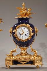 19th Century Blue Porcelain and Ormolu Clock and Candelabra