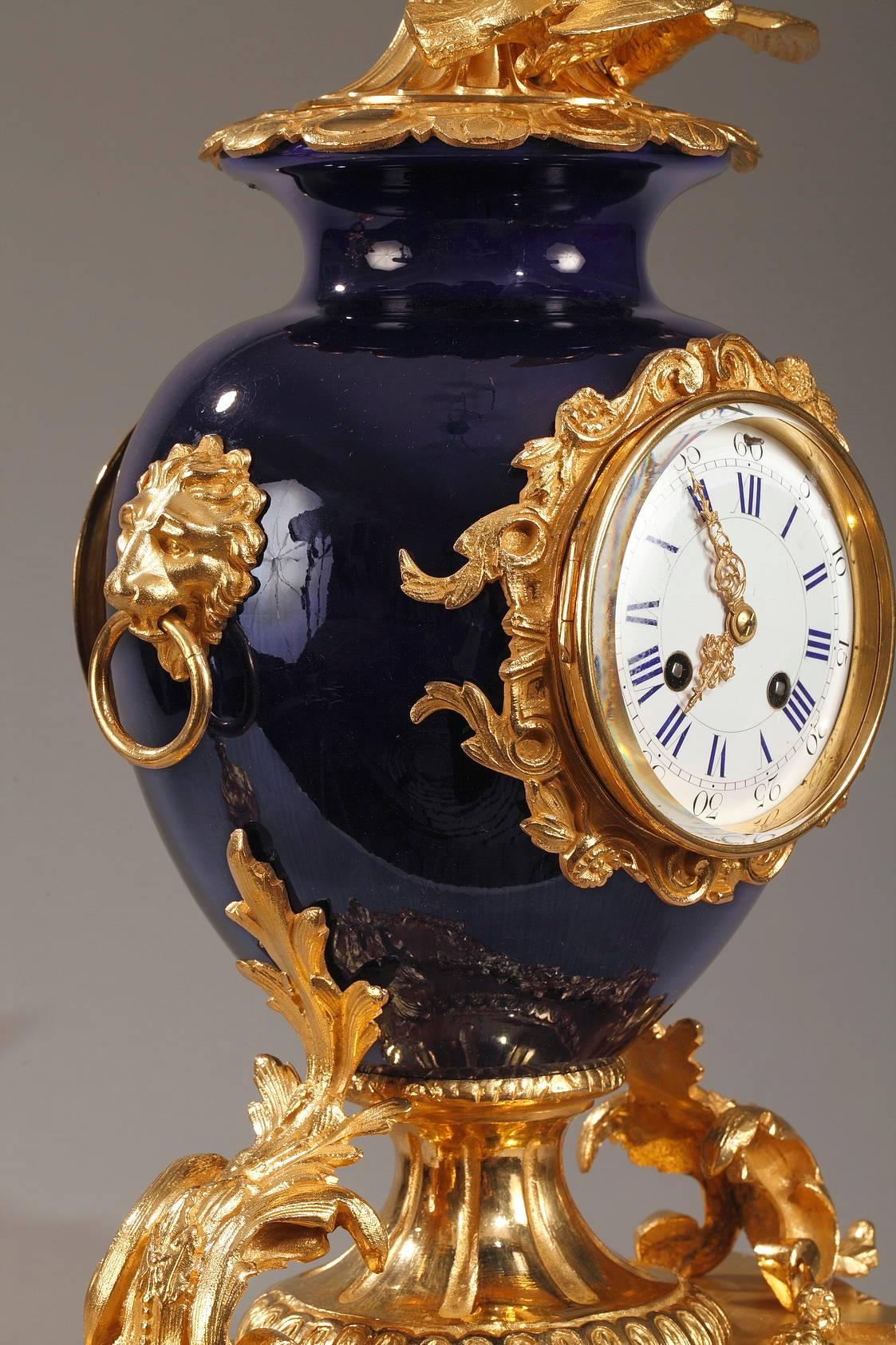 Gilt 19th Century Blue Porcelain and Ormolu Clock and Candelabra