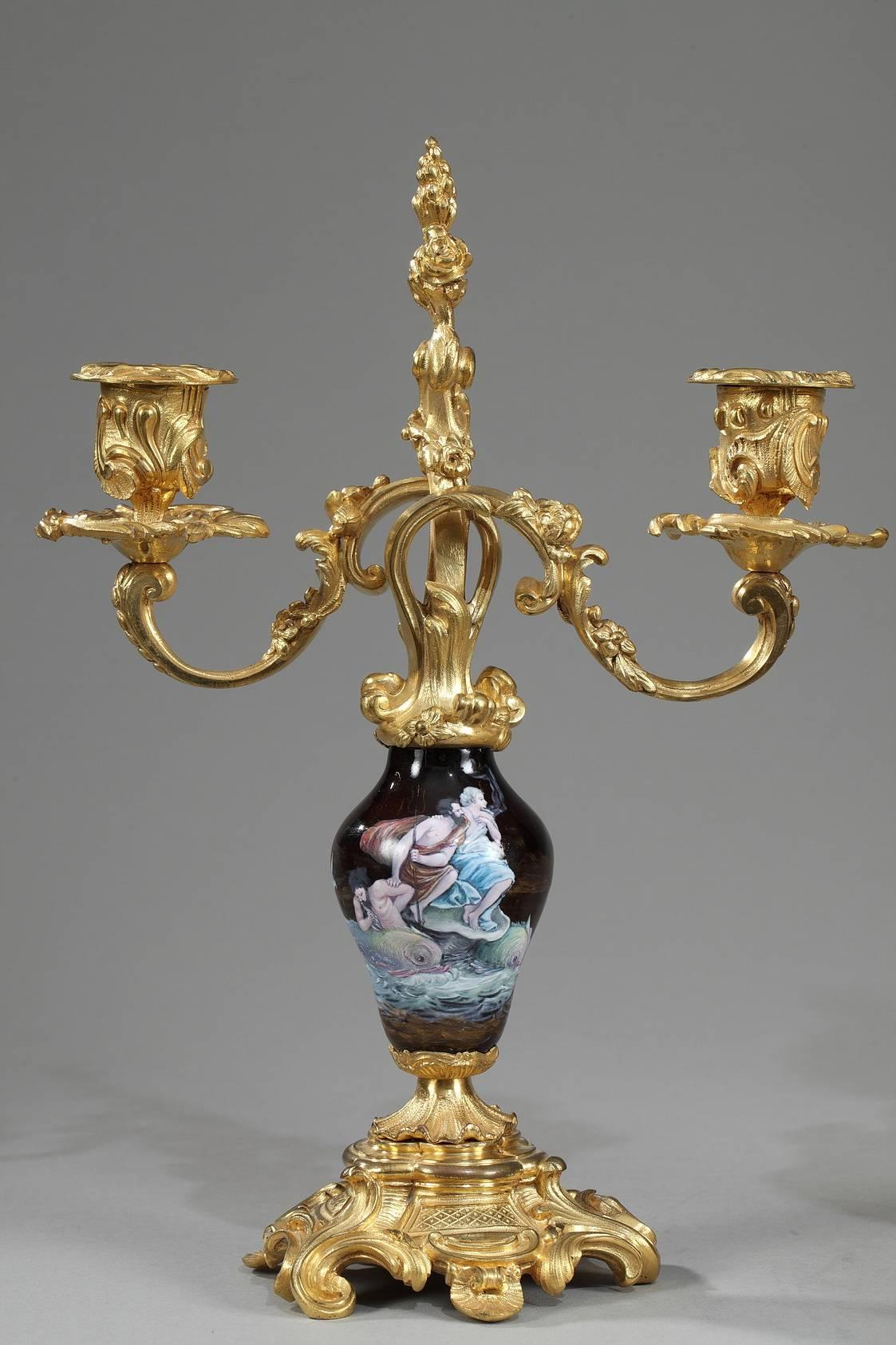 Louis XV Napoleon III Clock and Candlesticks in Ormolu and Limoges Enamel