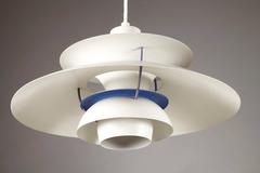 Pair of PH Five Pendant Lamps of Five White and Blue Varnished Reflectors