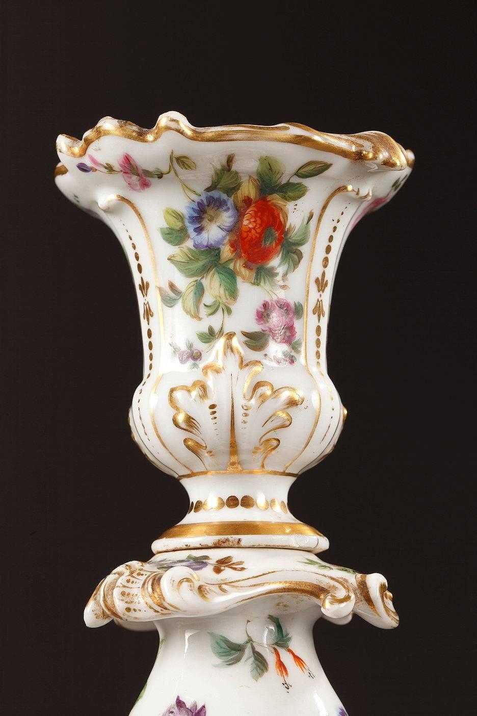 Enameled Mid-19th Century Pair of Porcelain Candlesticks by Jacob Petit