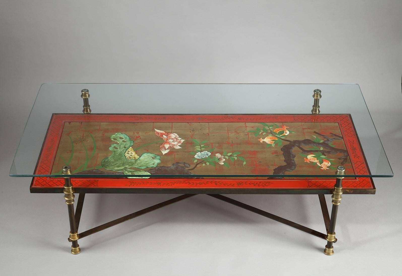 French Coffee Table with Japanese Lacquered Style Top Attributed to Maison Jansen