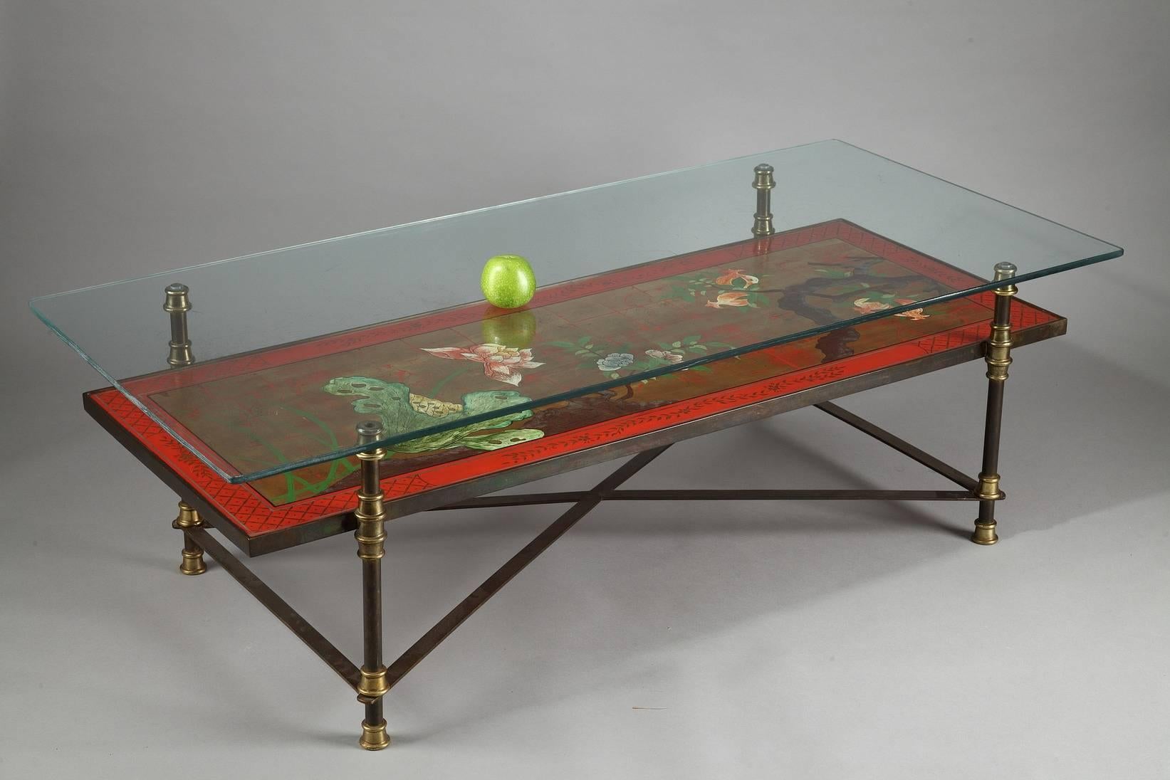 Coffee Table with Japanese Lacquered Style Top Attributed to Maison Jansen In Good Condition In Paris, FR