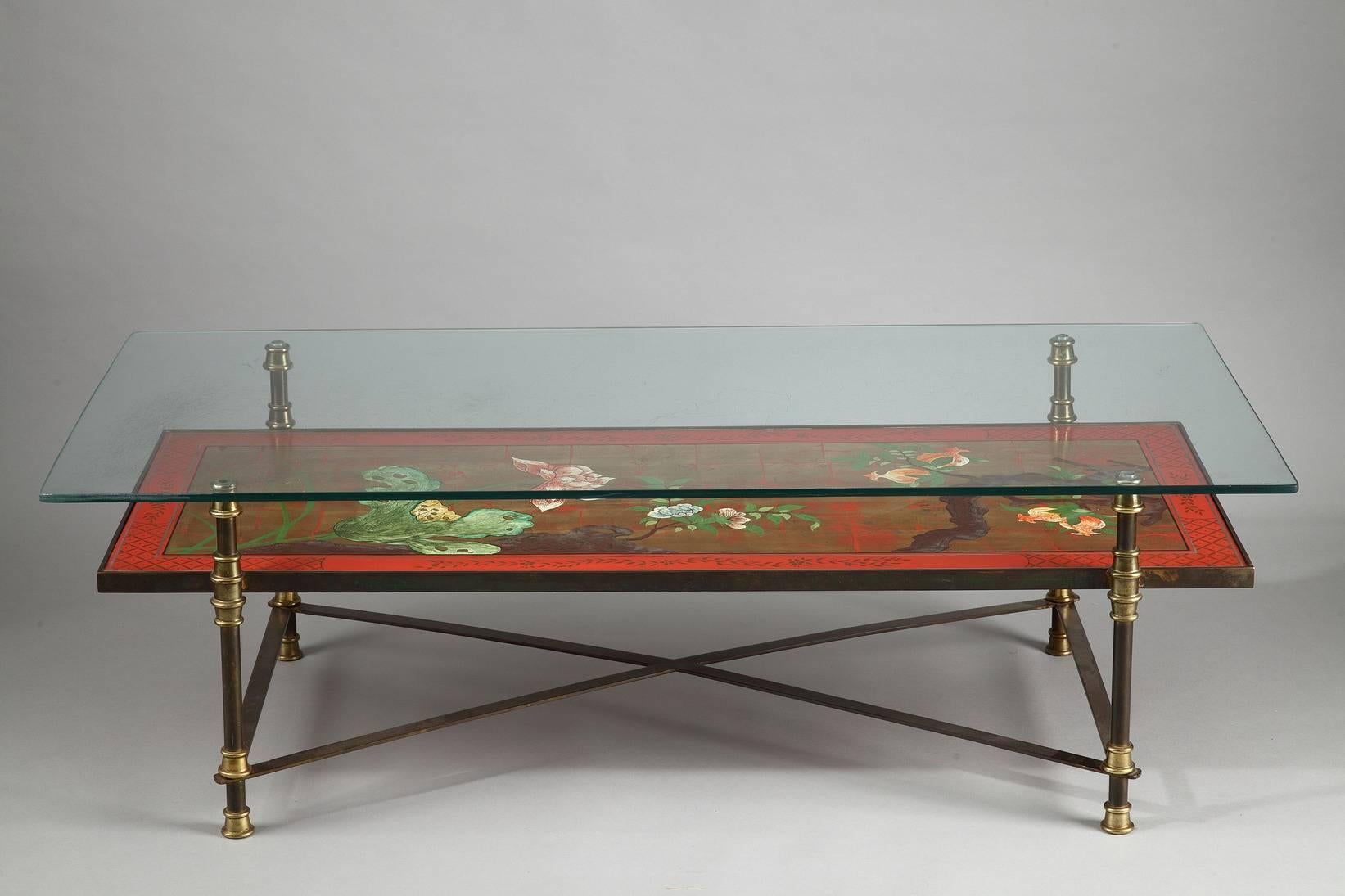 Mid-20th Century Coffee Table with Japanese Lacquered Style Top Attributed to Maison Jansen