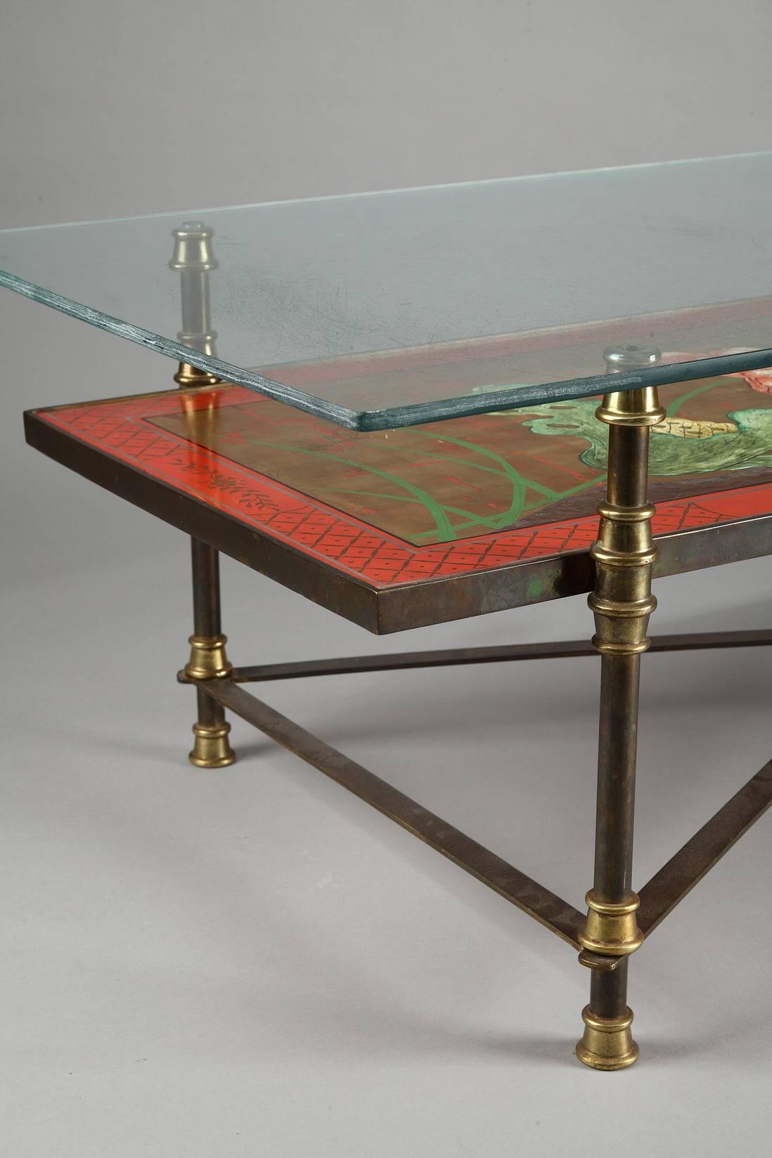 Wood Coffee Table with Japanese Lacquered Style Top Attributed to Maison Jansen