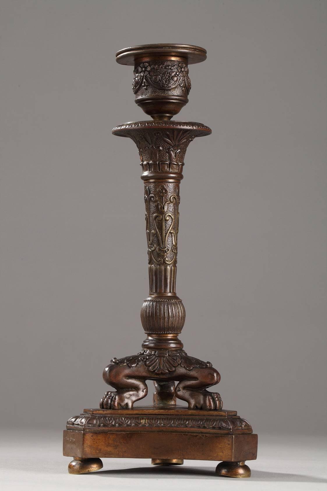 French Restauration Period Patinated Bronze Candlesticks