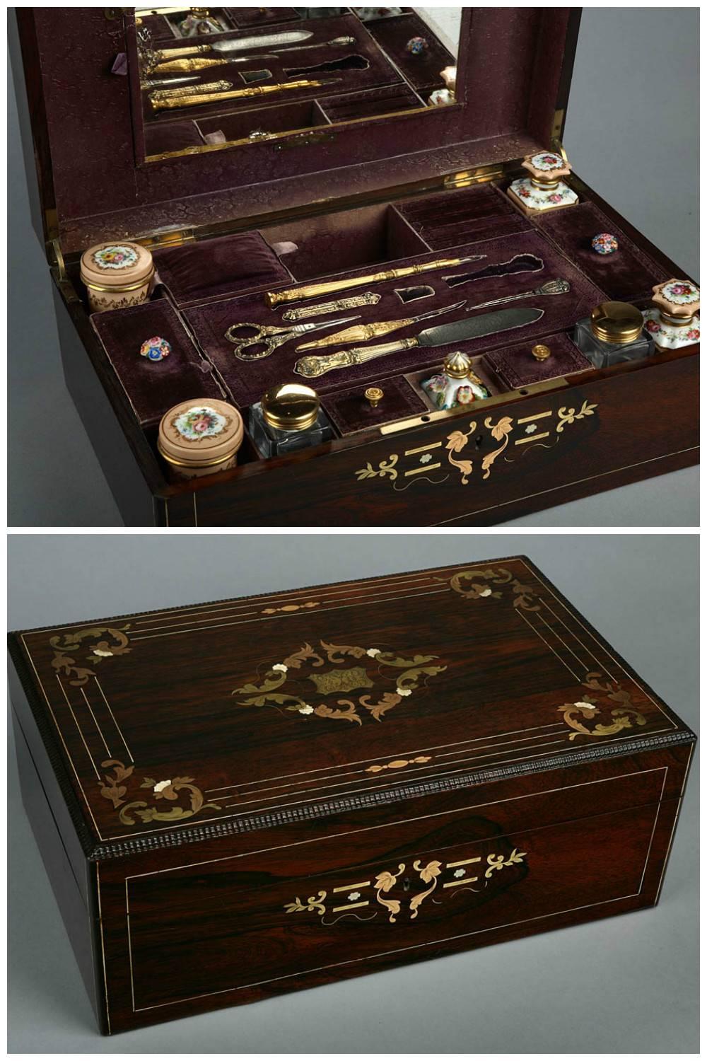 Napoleon III French Second Empire Case with Porcelain, Flasks and Sewing Kit