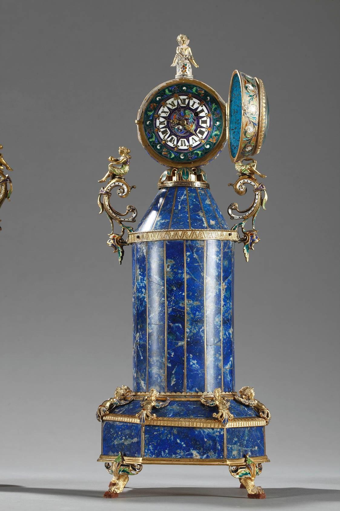 Austrian Clock with Vases in Lapis Lazuli and Silver, Vienna, 19th Century