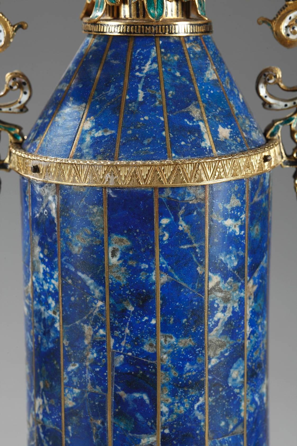 Gilt Clock with Vases in Lapis Lazuli and Silver, Vienna, 19th Century