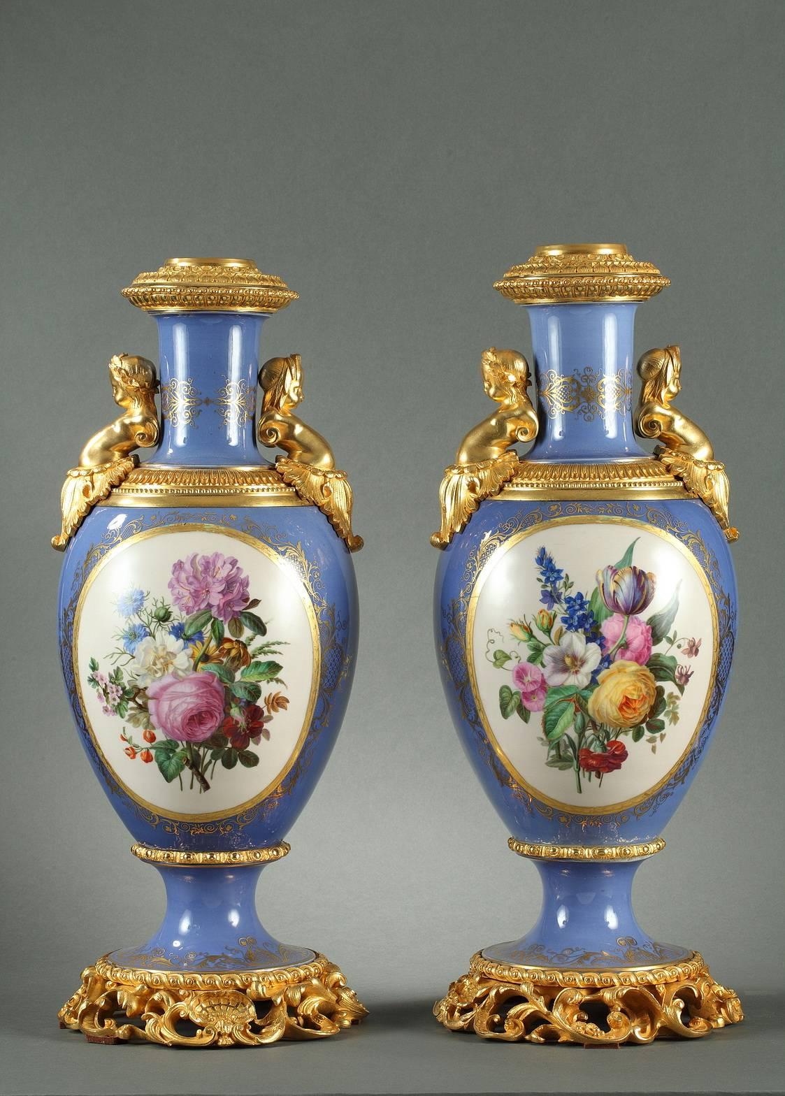 French Large Porcelain and Gilt Bronze Vases in Louis XV Style