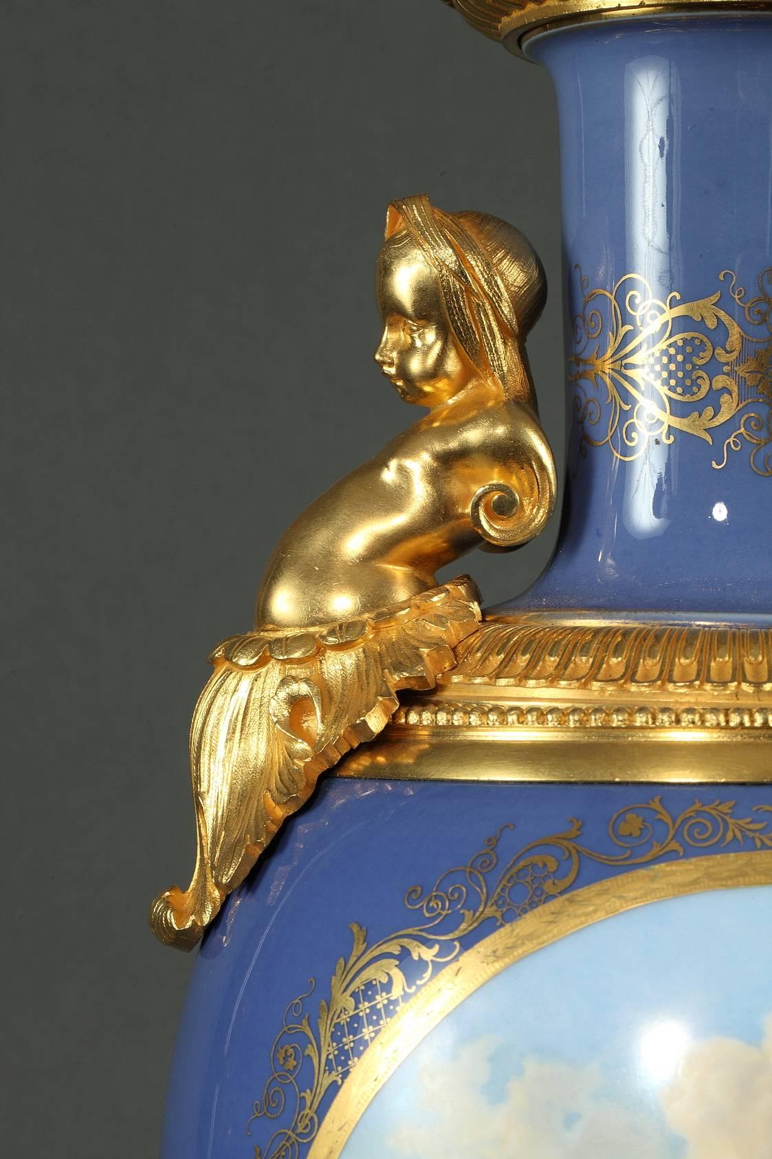 Enameled Large Porcelain and Gilt Bronze Vases in Louis XV Style