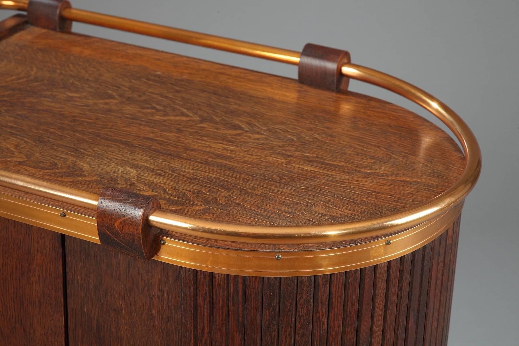 French Mid-Century Oak Bar Cart with Sliding Doors