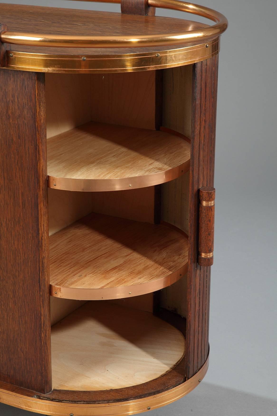Copper Mid-Century Oak Bar Cart with Sliding Doors