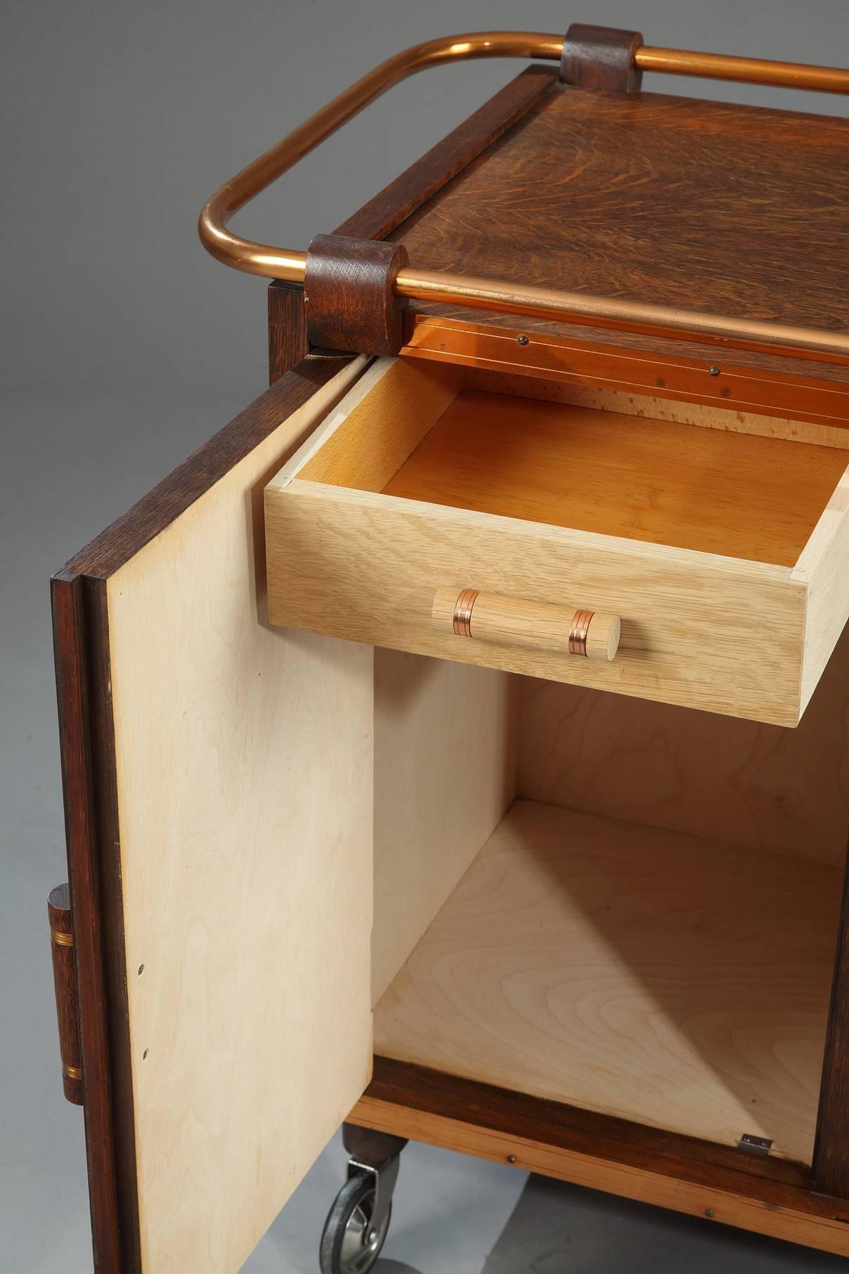 Mid-Century Oak Bar Cart with Sliding Doors 1