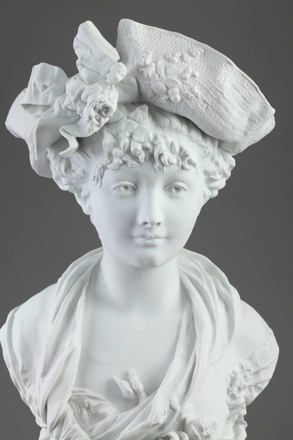French Late 19th Century Bisque of Young Woman with Hat After Carrier-Belleuse