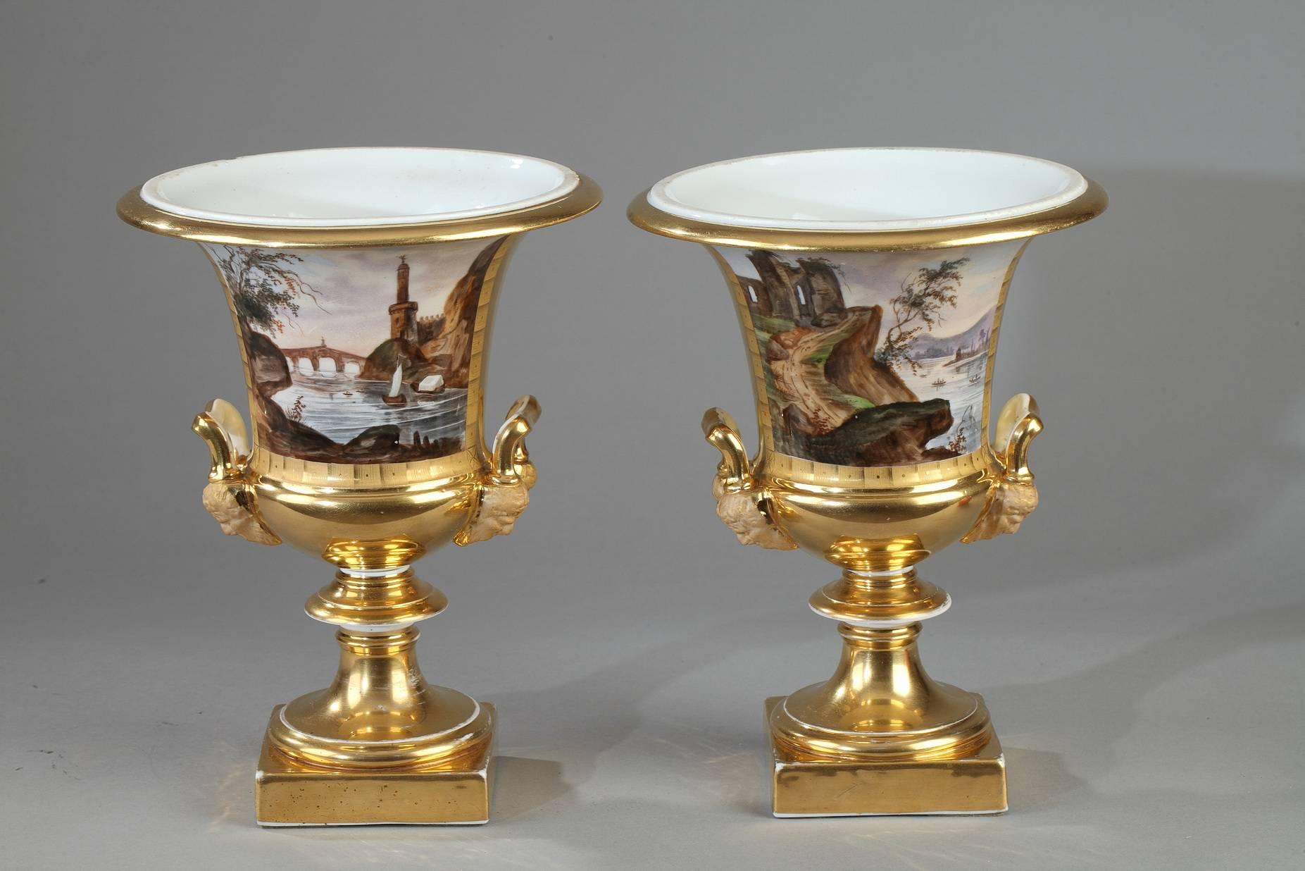 French 19th Century Pair of Porcelain Medici Vases with Views of Italy