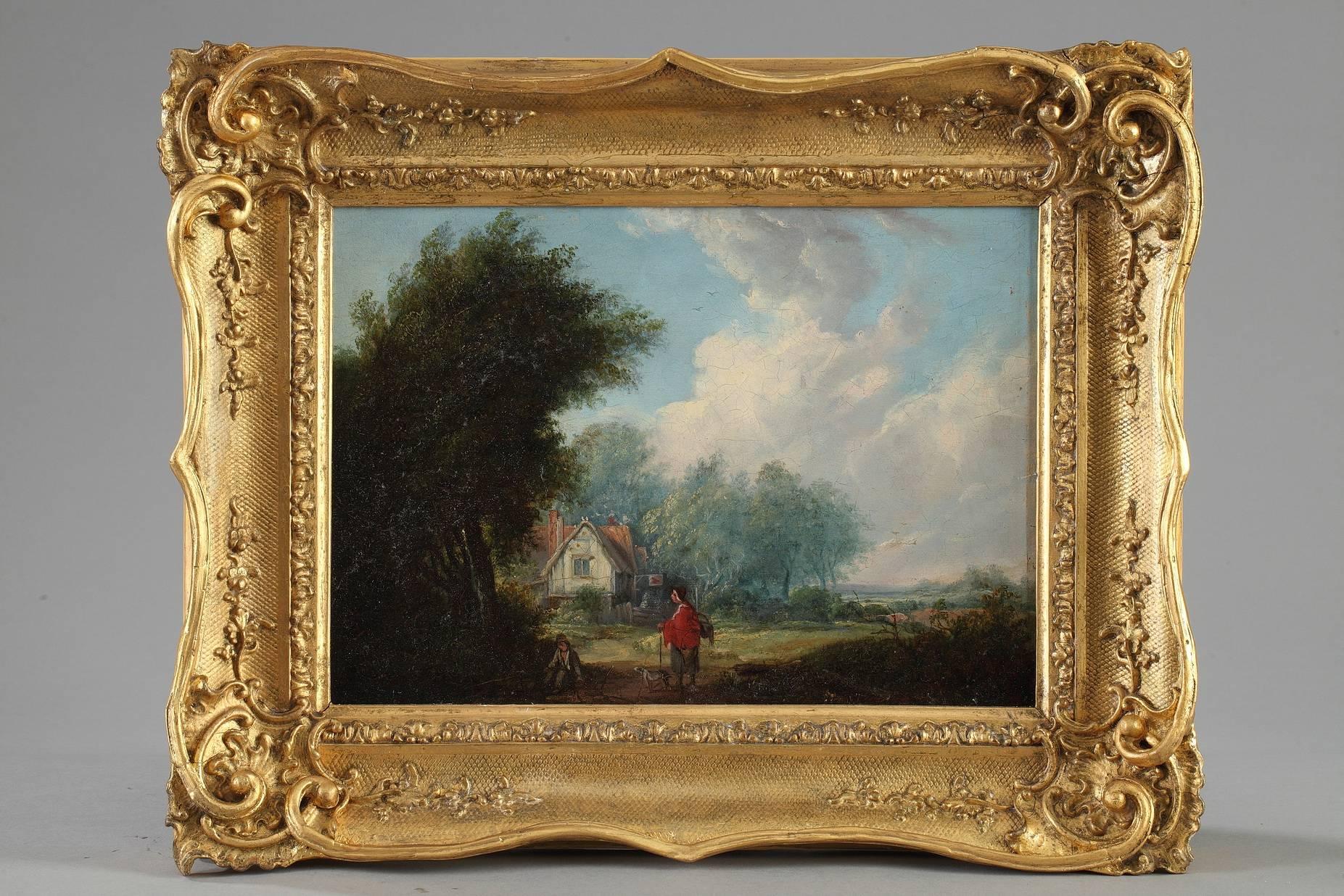 Two oil on panel paintings from the Empire period. They portray landscapes with a village in the background and several figures: a fisherman talking with a village woman on one, and a family warming themselves by a wood fire on the other. The