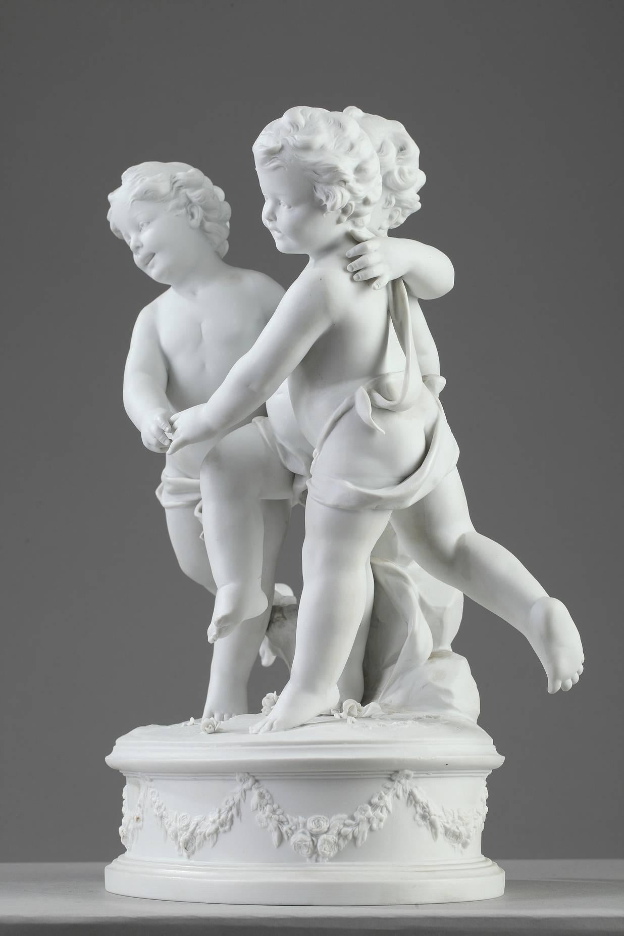 French Late 19th Century Bisque Sculpture with Putti Signed Marion