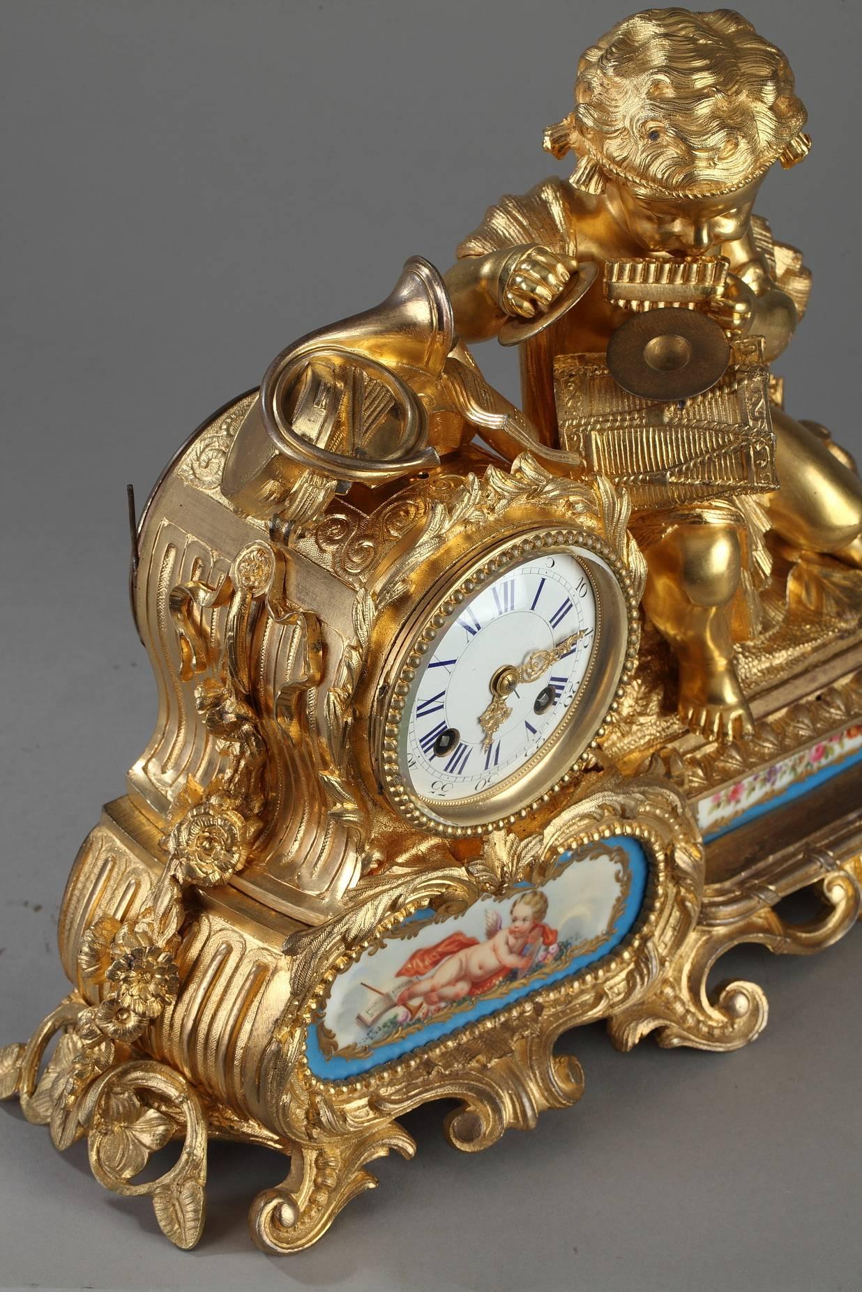 Late 19th Century Napoleon III Gilt Bronze and Porcelain Mantel Clock