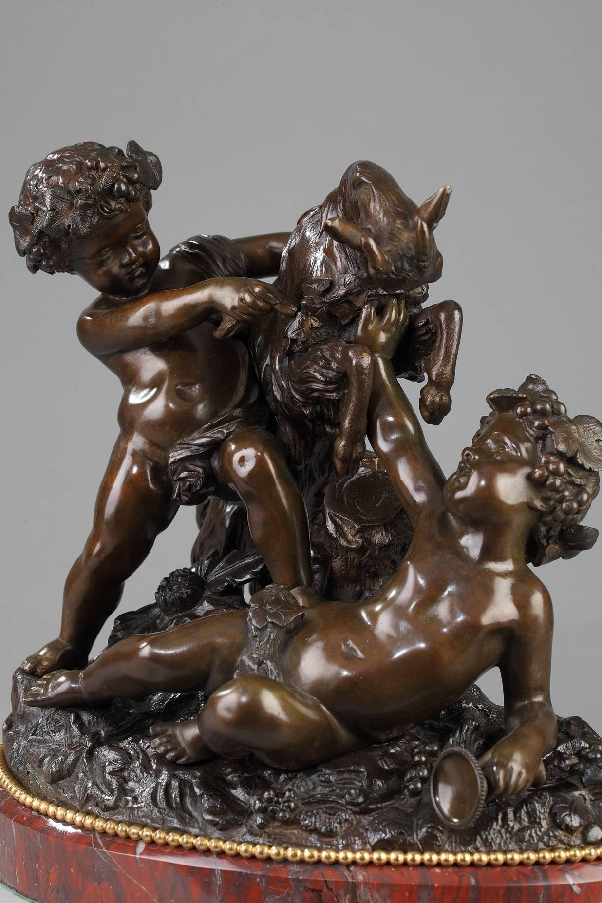 Bronzeskulptur:: Putten:: die mit einem Ziegenbock spielen von Auguste Moreau (Neoklassisch)