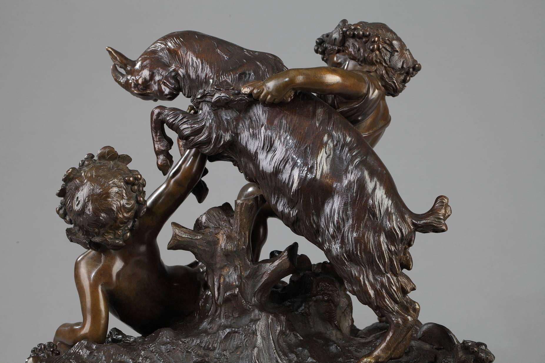 Bronzeskulptur:: Putten:: die mit einem Ziegenbock spielen von Auguste Moreau (Vergoldet)