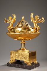 French Empire Centerpiece Perfume Burner in Gilt Bronze and Marble