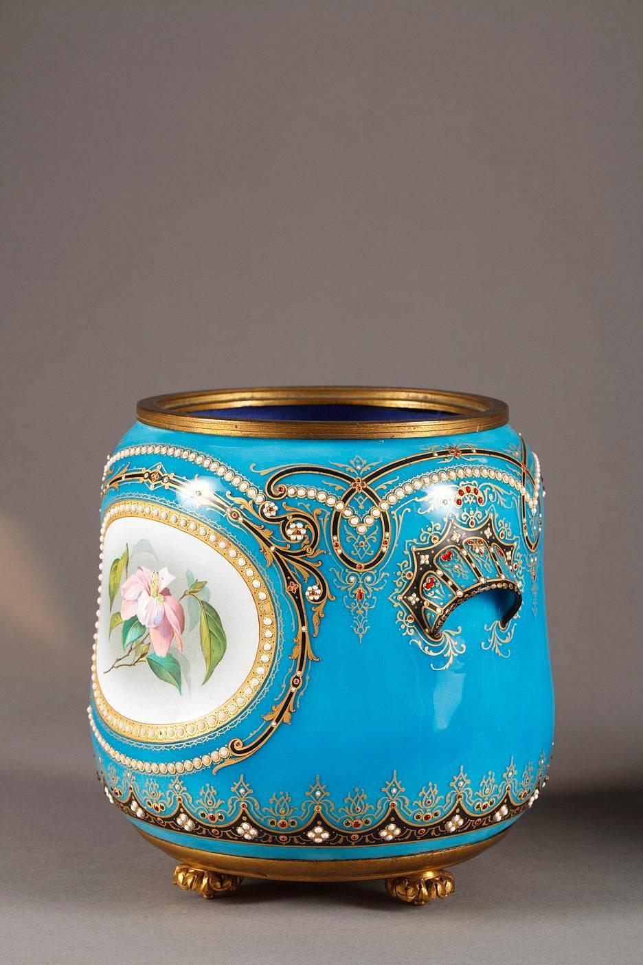 French Late 19th Century Pair of Blue Bresse Enamel Jardinières