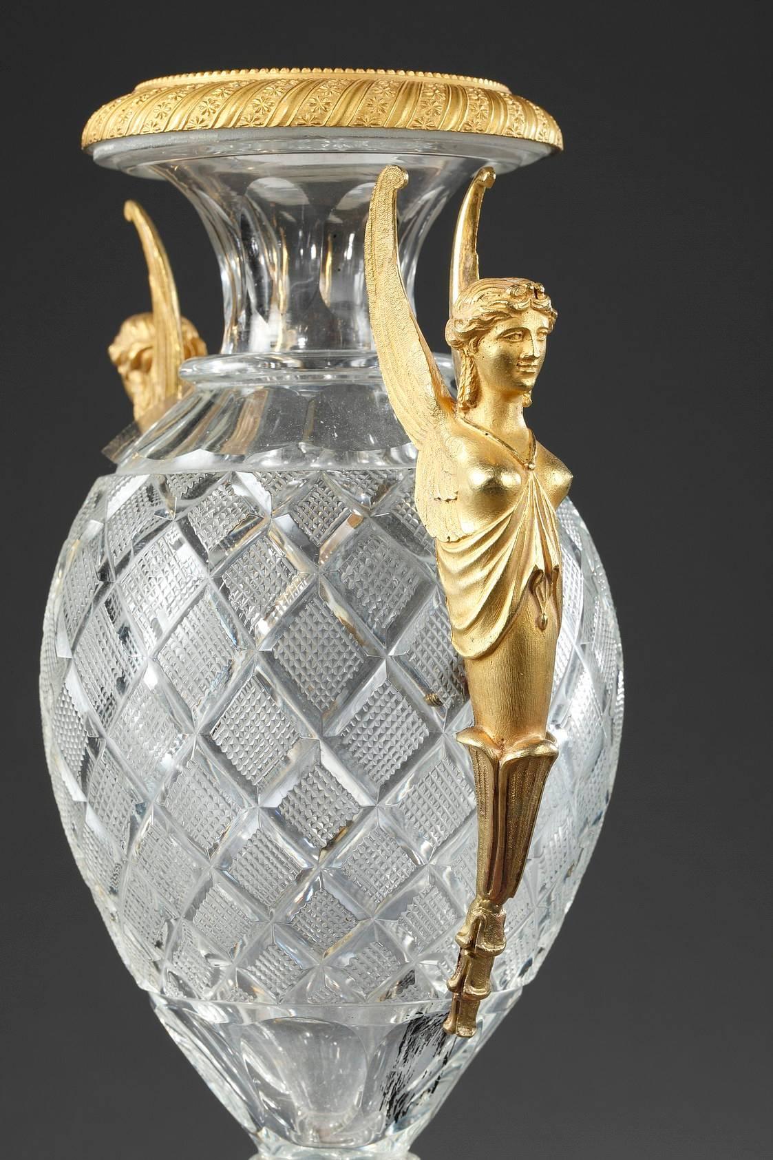 French Pair of Charles X Cut Crystal and Ormolu Medici Vases