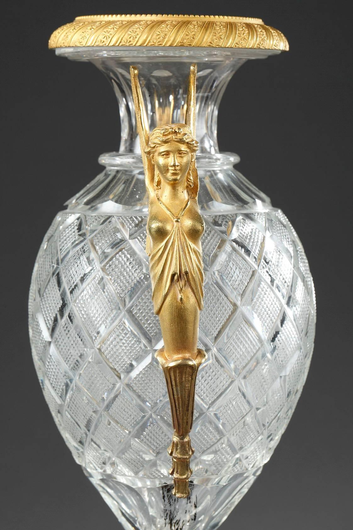 Gilt Pair of Charles X Cut Crystal and Ormolu Medici Vases