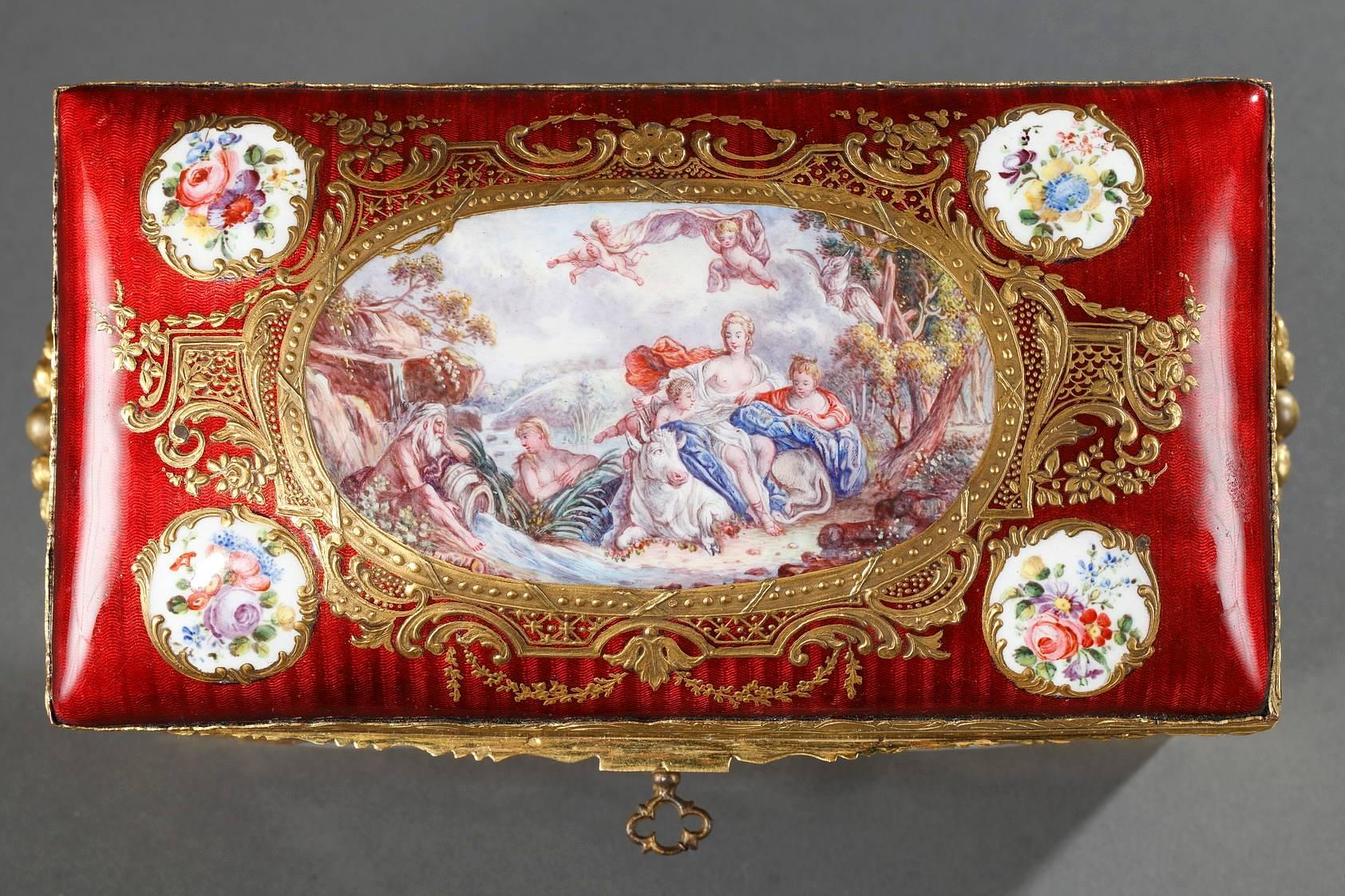 Mid-19th Century Red Enameled Keepsake Box with Mythological Scene 1