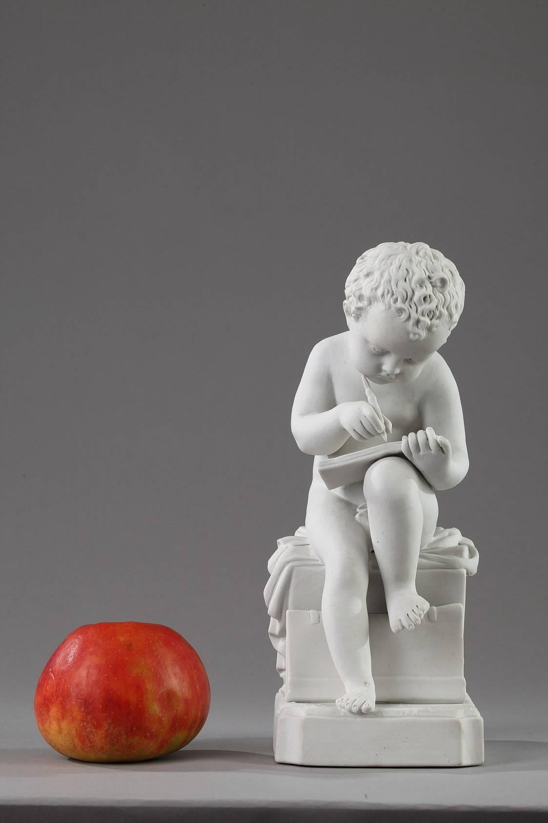 Statuette in?porcelain?biscuit featuring a child who is seated and writing or drawing. This piece was manufactured in Choisy-le-Roi after a model created around 1795 by Charles-Gabriel Sauvage, also called Lemire. The sculpture is a symbol of Study,