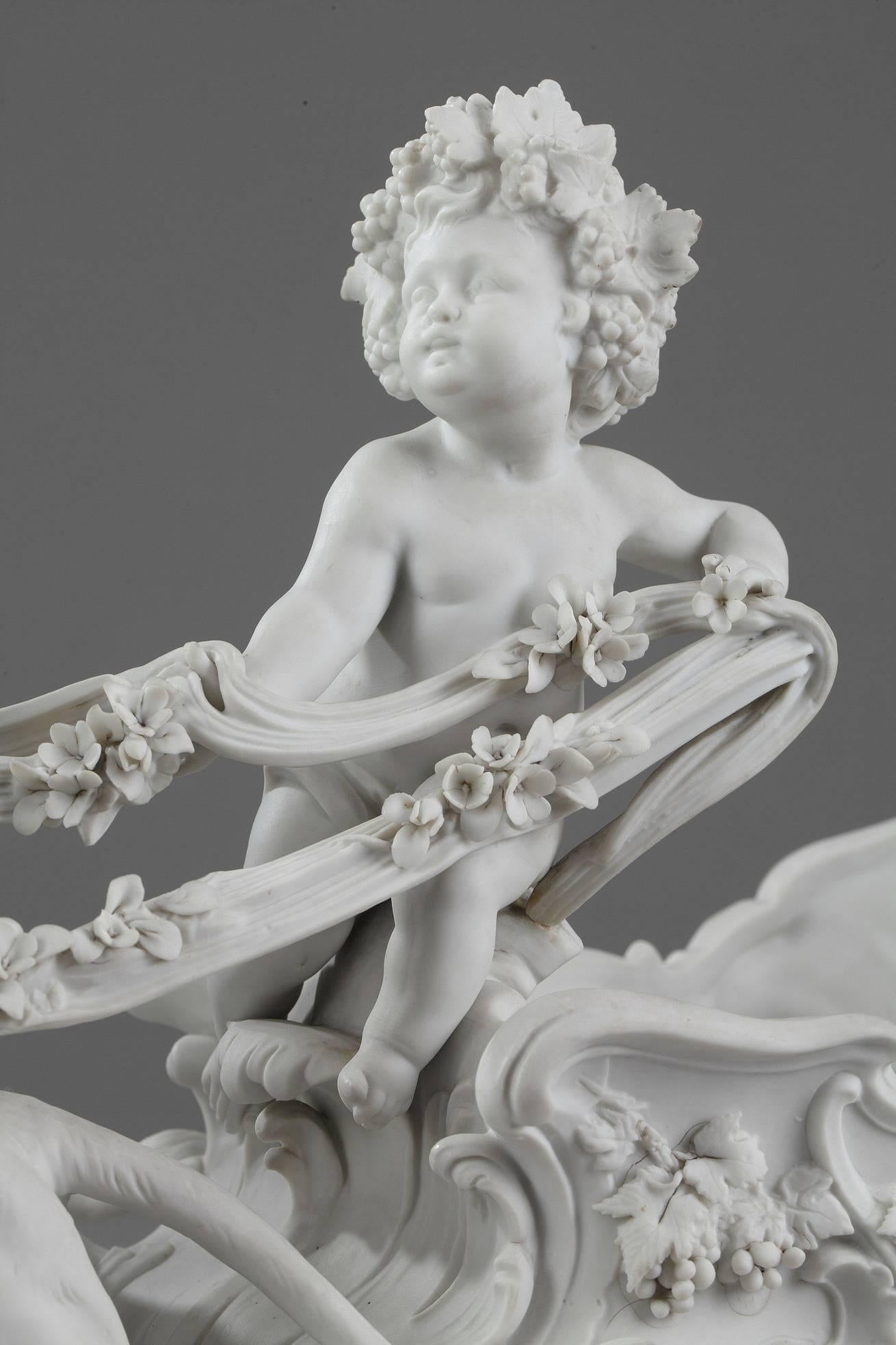 Porcelain 19th Century Bisque Bacchus in a Chariot Pulled by Panthers
