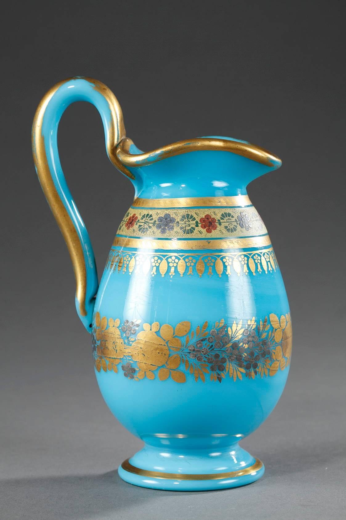 Restauration Bowl and Pitcher in Blue Opaline with Desvignes Decoration