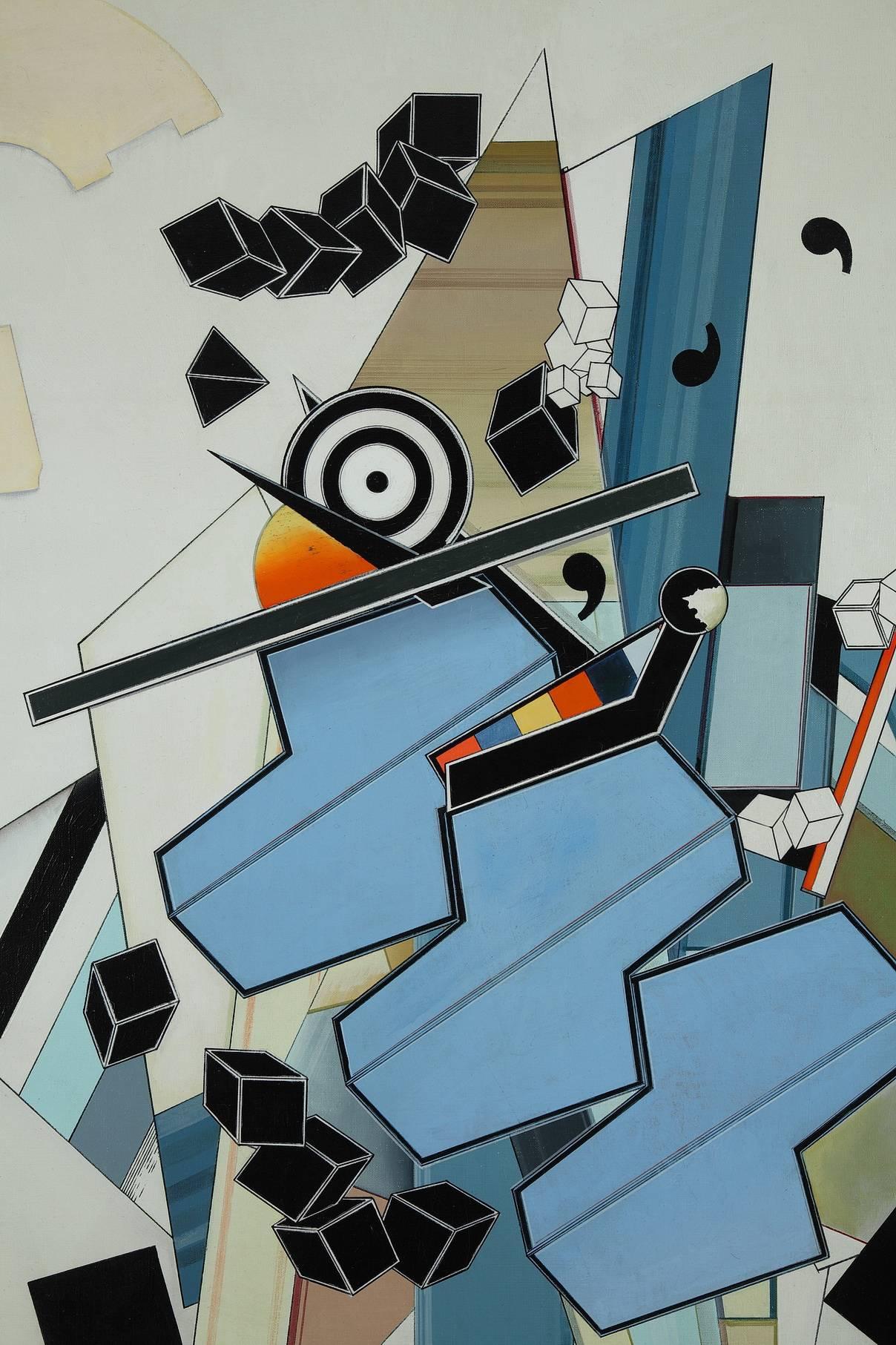 Large painting, oil on canvas, depicting a Constructivist composition by Alain Le Yaouanc. Signed on the frame, entitled Objet de l'espace and dated 1972.


 Alain Le Yaouanc, born 1940 in Alençon (Orne) is a painter, cartoonist, sculptor, poet,