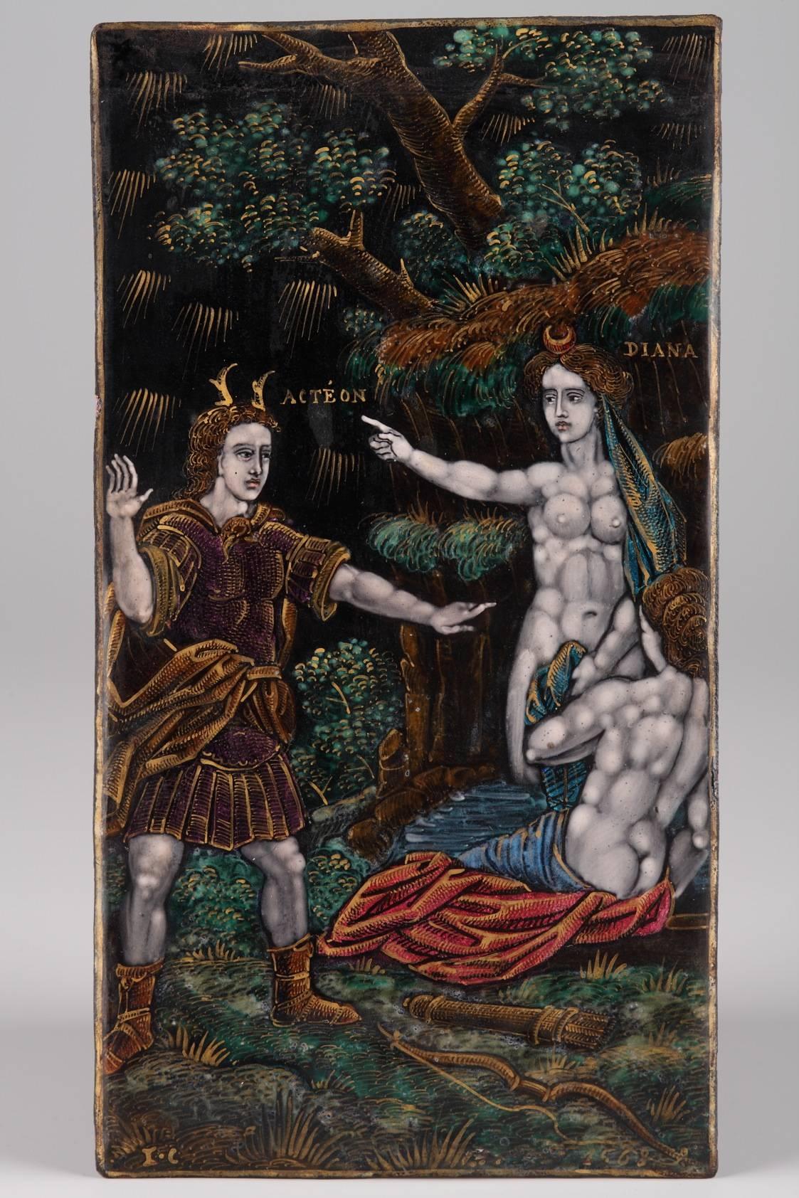 Two pairs of plates with multicolored, enameled decorations of mythological scenes. They depict the myths of Venus and Adonis as well as Diana and Acteon. Adonis, a handsome young man, is shown here as a hunter in the company of Venus. The goddess