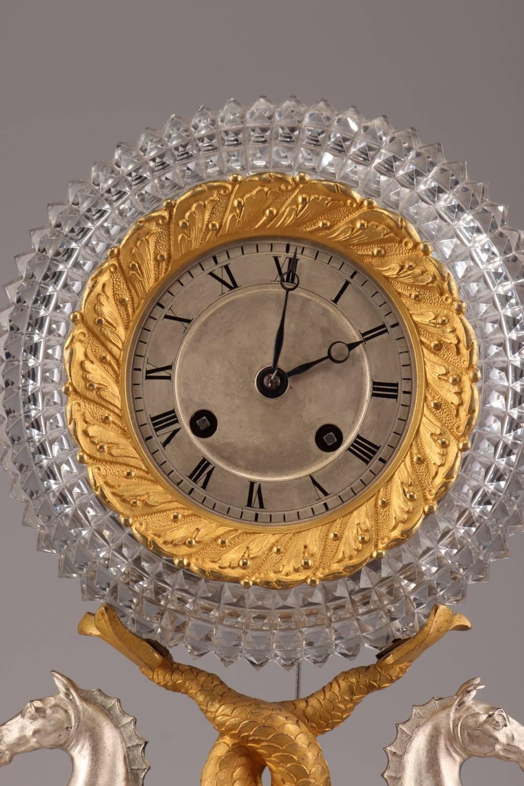 Gilt Early 19th Century Cut Crystal and Bronze Clock with Horses