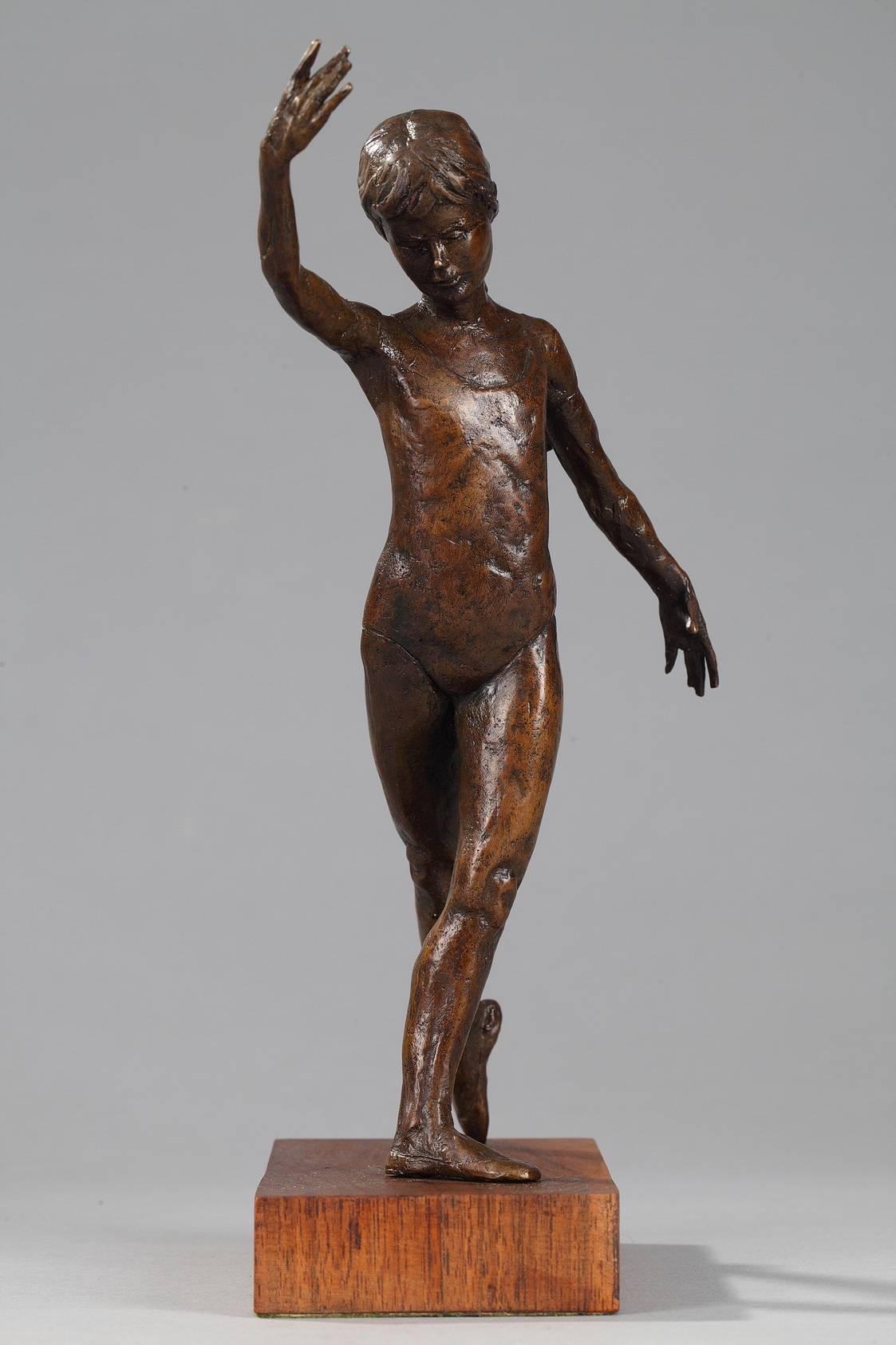 Royal Copenhagen S.G. Kelsey patinated bronze figurine depicting a young ballet dancer on a rectangular wood base. Signed on the hip: SGK. Metal plate on the back of the base, marked: S. G-Kelsey '75, Royal Copenhagen, 259/500.

circa