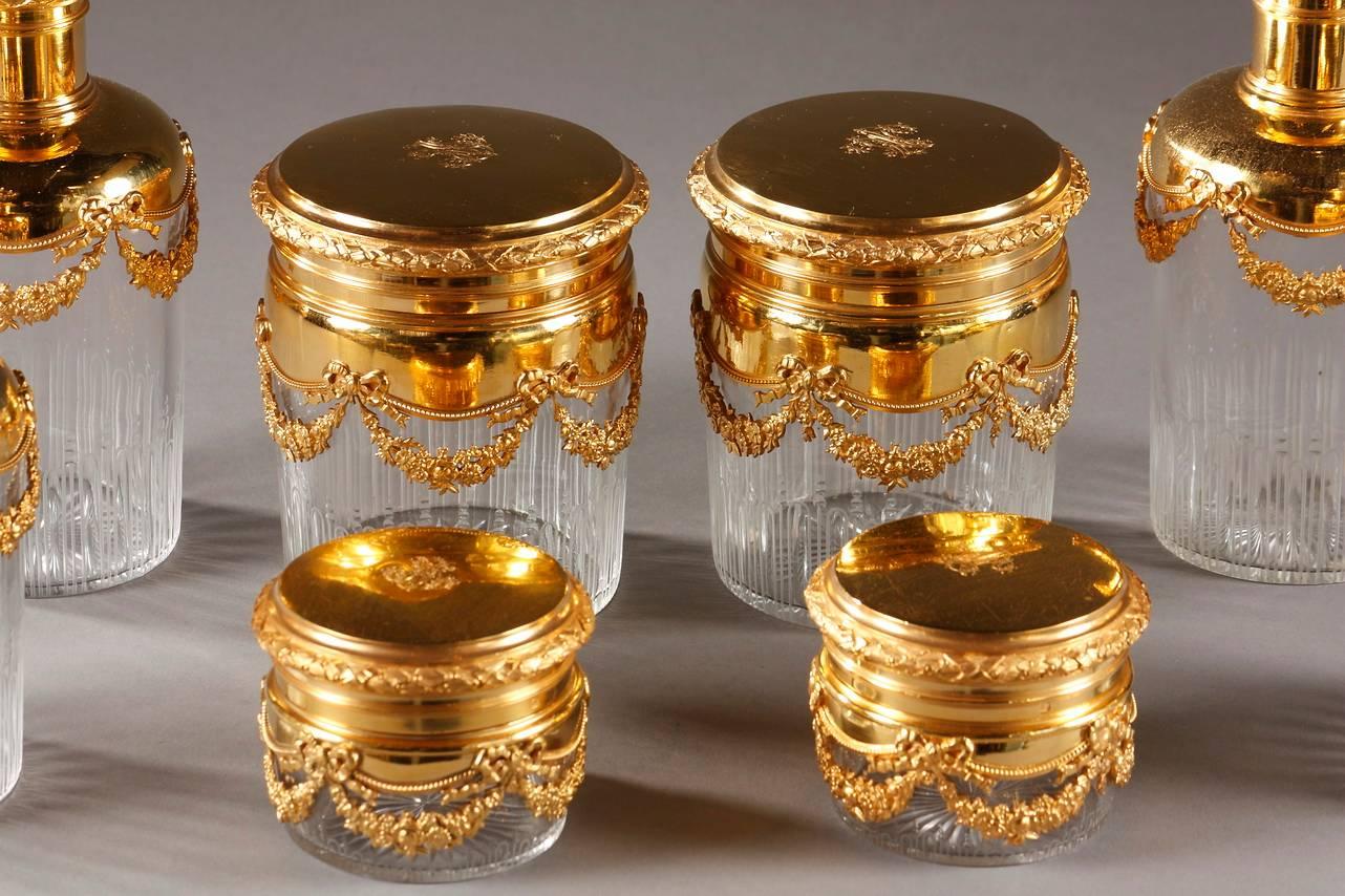 20th Century Vanity Set in Silver-Gilt and Crystal, Signed Keller 1