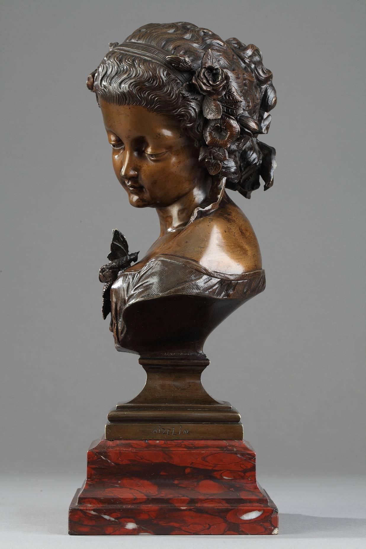 Patinated 19th Century Bust of a Young Woman by Eugene-Antoine Aizelin