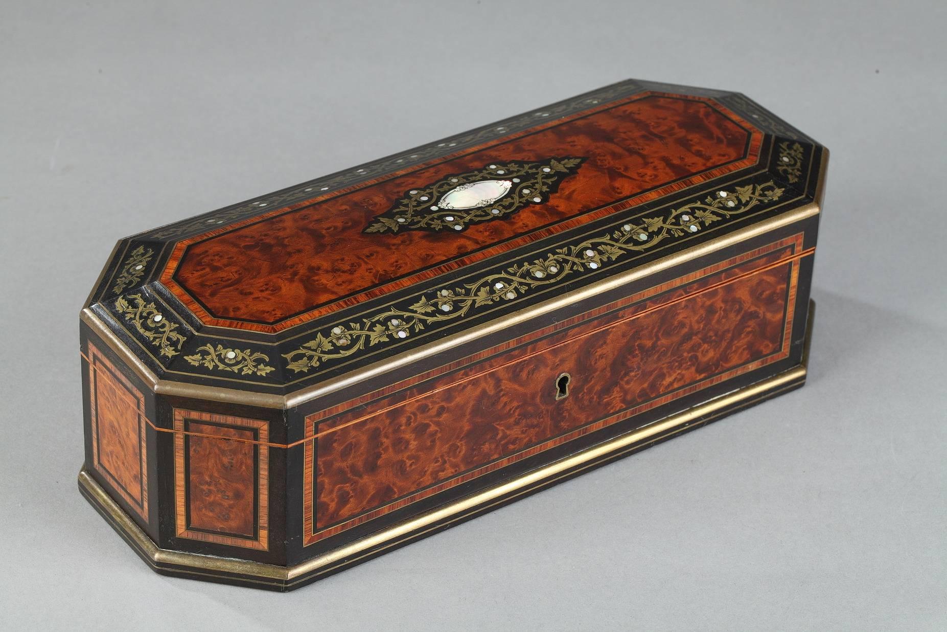French Mid-19th Century Wood Casket with Brass and Mother-of-Pearl Decoration