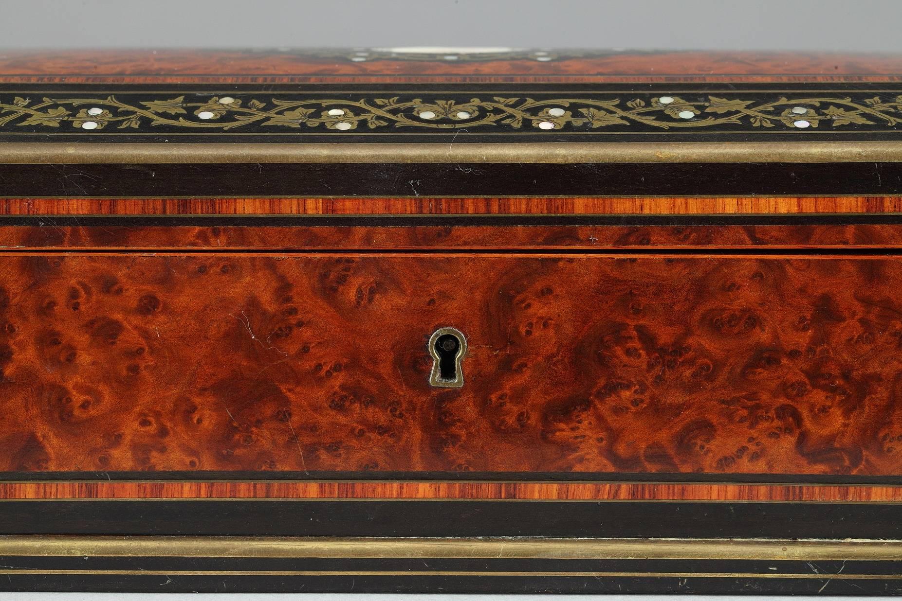 Napoleon III Mid-19th Century Wood Casket with Brass and Mother-of-Pearl Decoration