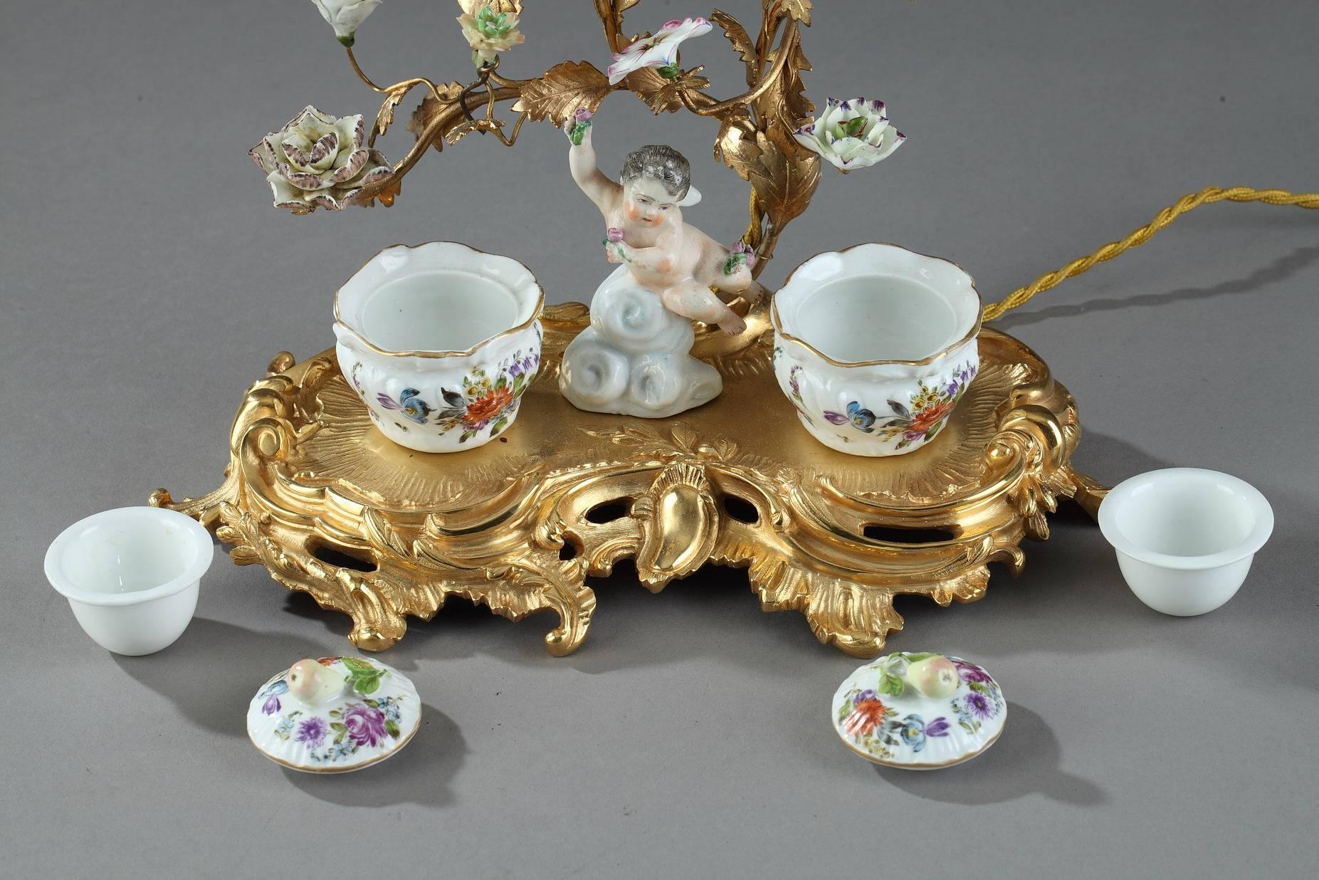 Rococo Porcelain and Gilt Bronze Inkstand and Candlestick, 19th Century 1