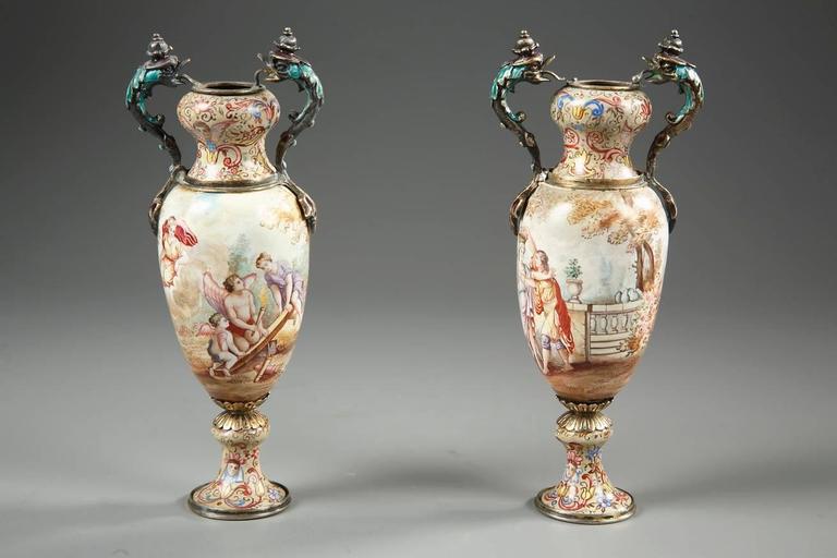 19th Century Pair of Small Vienna Enamel Vases, Austrian Work at 1stDibs