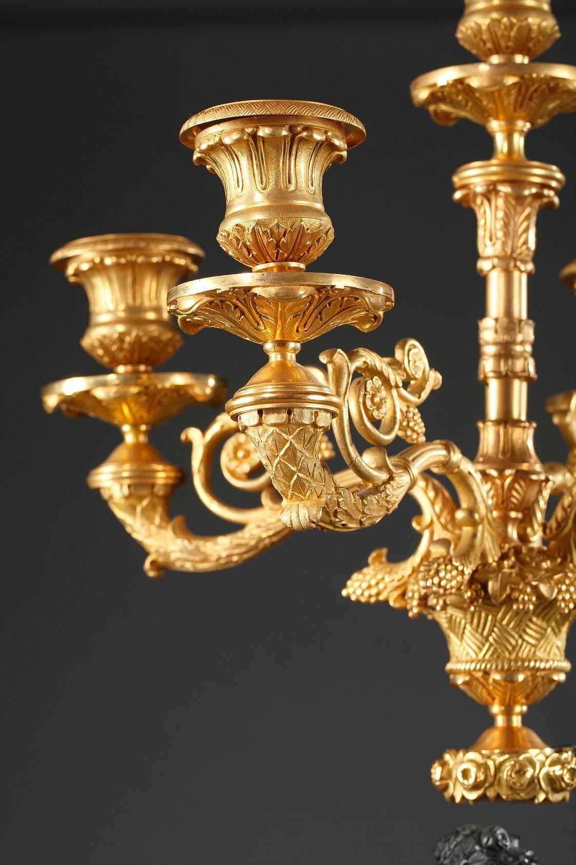 French 19th Century Pair of Charles X Candelabra in Gilded and Patinated Bronze